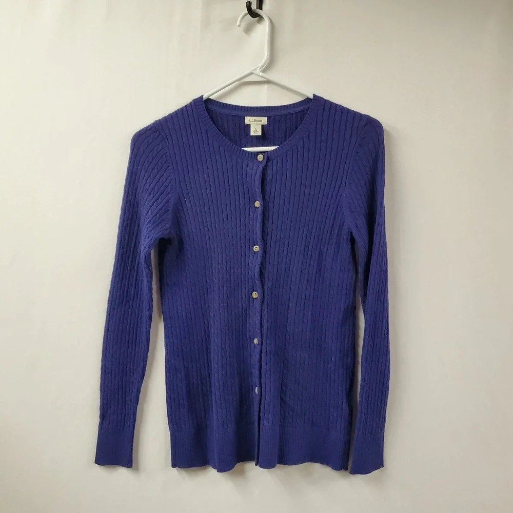 LL Bean Cableknit Button Cardigan Sweater Women Small Blue Cotton Stretch Preppy
